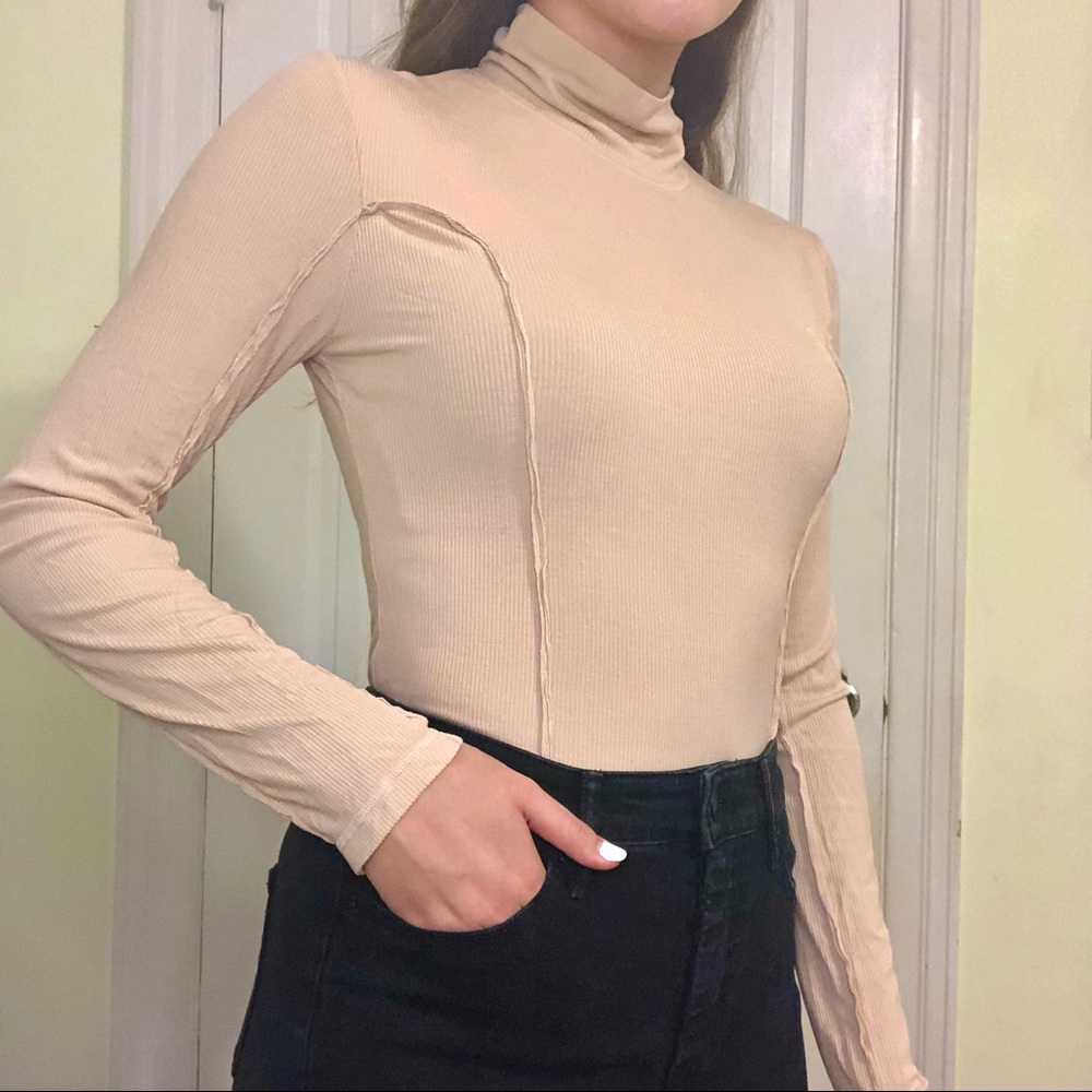 Urban Outfitters Out From Under Tan Cream One Piece Bodysuit Ribbed Long Sleeve